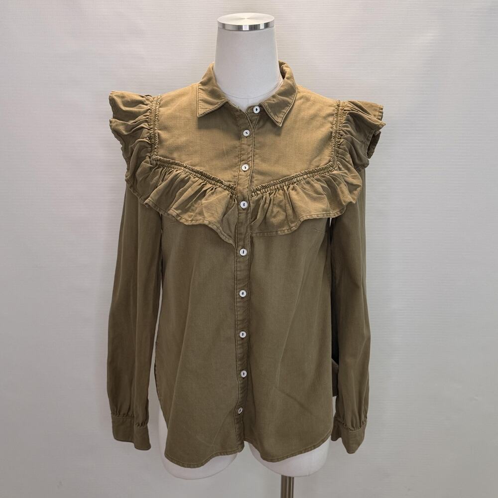 Pilcro Shirt Womens Small Green Ruffle Yoke Button Front Long Sleeve Twill Top